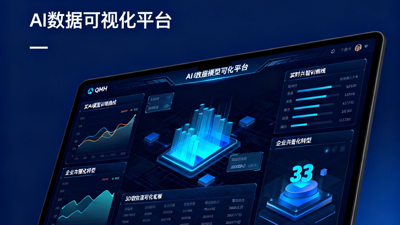 深蓝色科技感背景中展示球盟会QMH的AI数据可视化平台主界面，屏幕上呈现动态数据图表、实时AI模型训练曲线和企业数智化转型的3D数据流可视化面板，界面设计现代简约