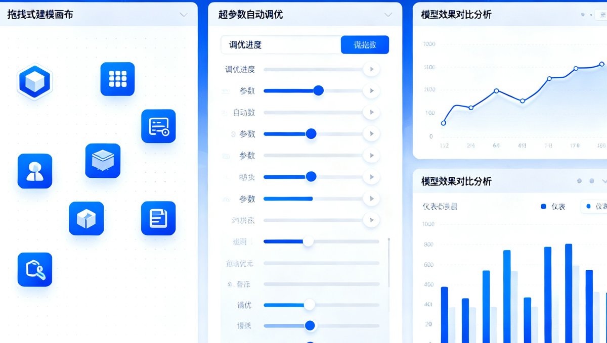 球盟会QMH的自动化机器学习模型训练平台界面，展示拖拽式建模画布、超参数自动调优面板和模型效果对比分析仪表盘