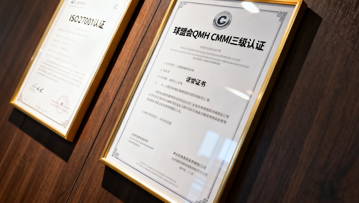 球盟会QMH获得CMMI三级认证的证书展示，证书摆放在公司荣誉墙上，旁边是ISO27001认证证书